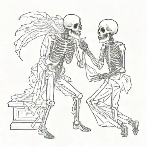 Kissing skeleton of the bride and groom in the bride's dress and the groom's pants tattoo design idea