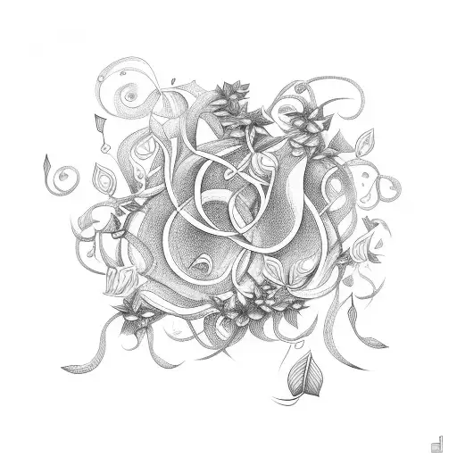 A surreal composition of musical notes intertwining with vines and flowers tattoo design idea
