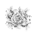A surreal composition of musical notes intertwining with vines and flowers tattoo design idea