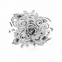 A surreal composition of musical notes intertwining with vines and flowers tattoo design idea