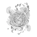 A surreal composition of musical notes intertwining with vines and flowers tattoo design idea