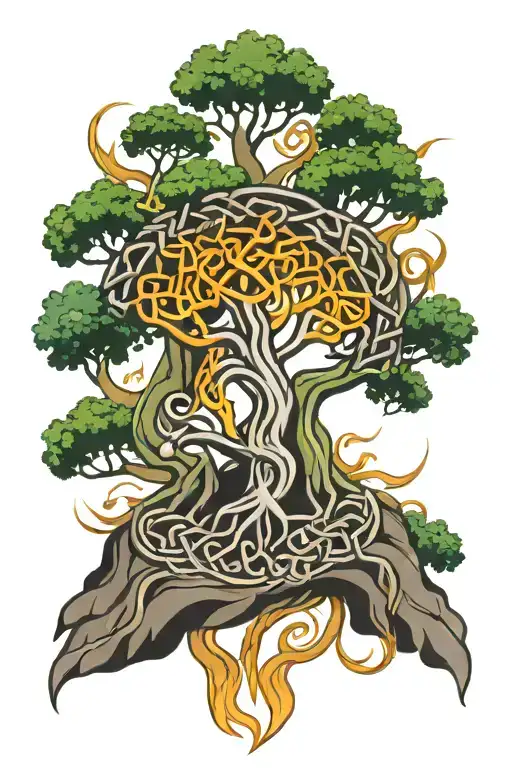 celtic tree of life surrounded by celtic knot with fire,water,earth, and wind elements  tattoo design idea