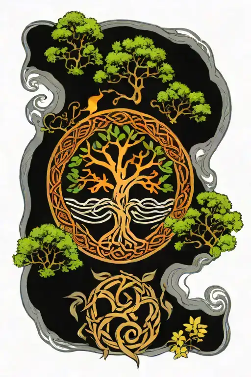 celtic tree of life surrounded by celtic knot with fire,water,earth, and wind elements  tattoo design idea