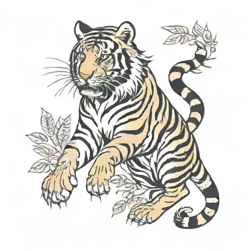 Tiger with his full body is waving his paw and around are leaves tattoo design idea