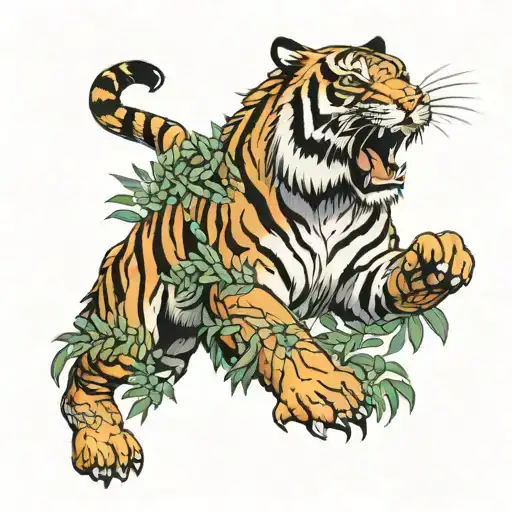 Tiger with his full body is waving his paw and around are leaves tattoo design idea
