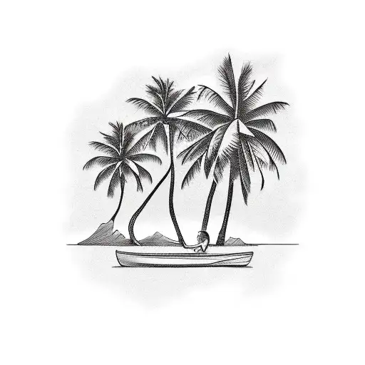 Design a scenic forearm tattoo with an island, palm trees, clear water, and a kayaker tattoo design idea