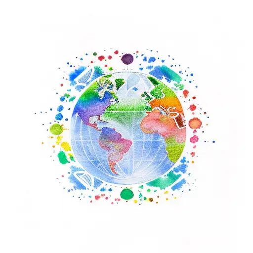 rainbow watercolour, 1984 in roman numerals, travel/worldmap motif tattoo design idea