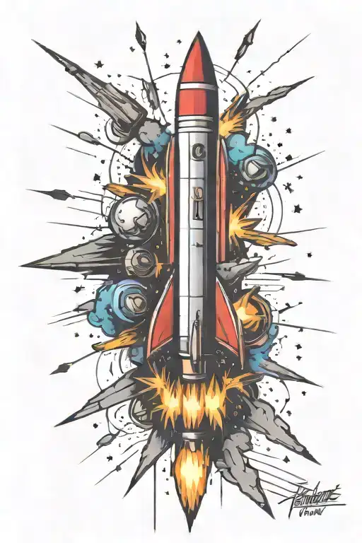 rocket and fireworks exploding in the night tattoo design idea
