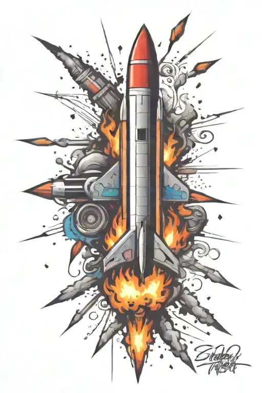 hyperrealistic rocket on the ground taking off with flames in the turbine and smoke in a late afternoon setting in a colorful and tattoo design idea