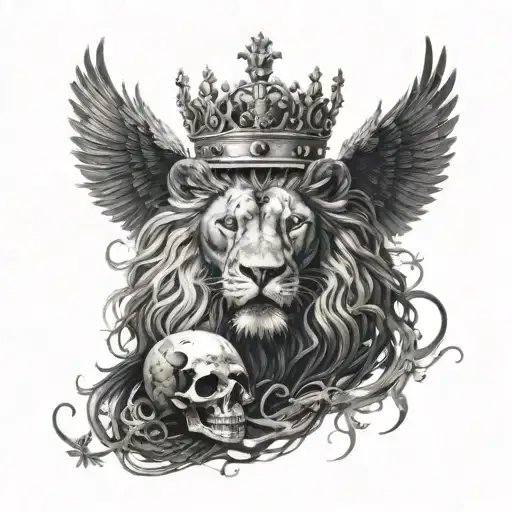 a black lion with a silver crown and a crow made of black smoke flying above him and a snake skeleton around the lion tattoo design idea