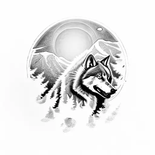 A sun setting behind a silhouette of a lone wolf standing on a mountain peak tattoo design idea