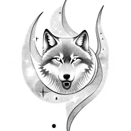 A celestial scene with a crescent moon and stars shining over a silhouette of a wolf howling on a hill tattoo design idea