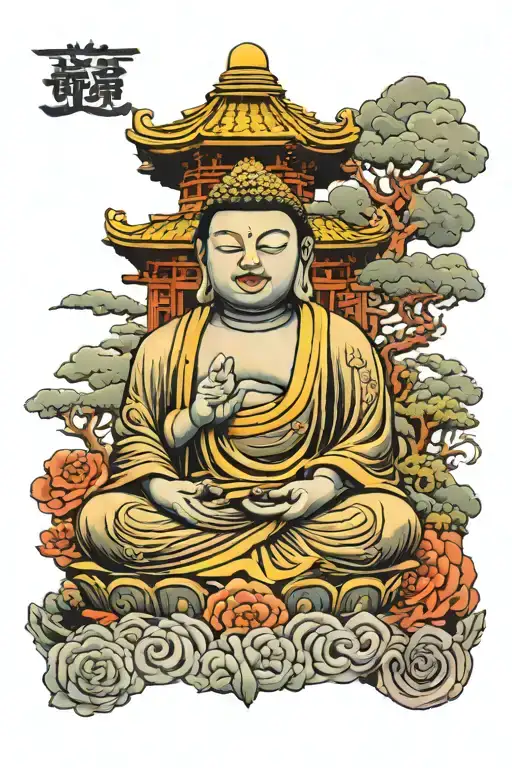 temple behind a large buddha tattoo design idea