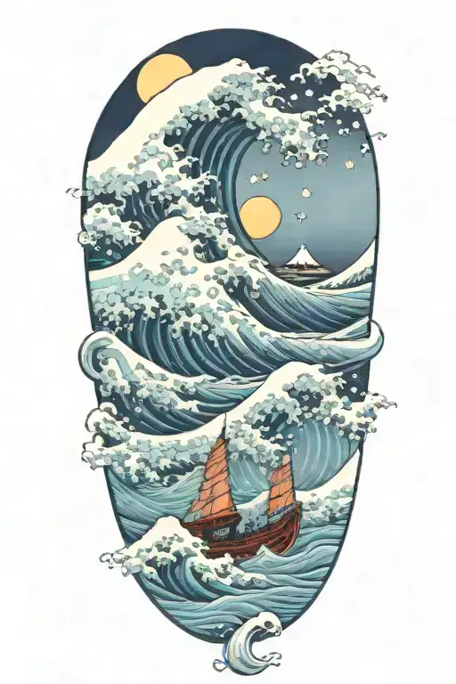 waves with crashing boat sailing moon in background  tattoo design idea