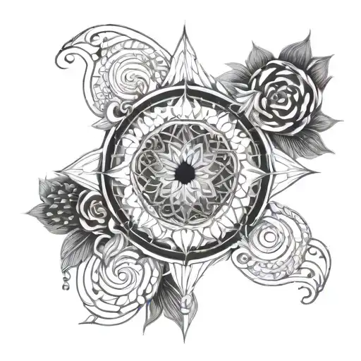 flower of life pattern fractal shaded third eye surrounded tattoo design idea