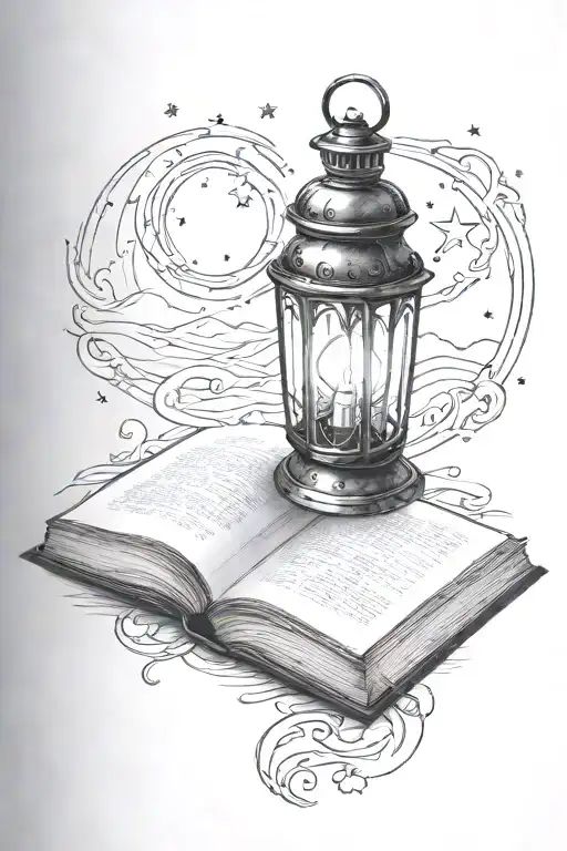lantern shining on open book open in front with crescent moon tattoo design idea