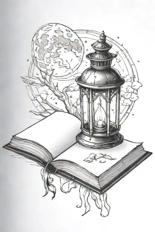 lantern shining on open book open in front with moon tattoo design idea