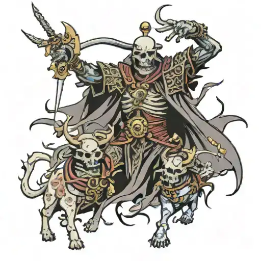 Necromancer lich raising an army of the dead from dead samurai warriors on a battlefield. tattoo design idea