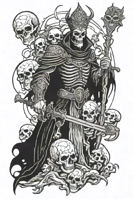 Necromancer lich raising an army of the dead from dead warriors on a battlefield. tattoo design idea