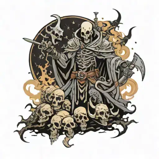 Necromancer lich raising an army of the dead from dead warriors on a battlefield. tattoo design idea