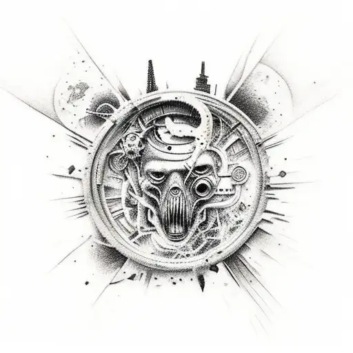 A sci-fi themed tattoo depicting a post-apocalyptic scene with elements from Mad Max, in the style of dotwork. tattoo design idea