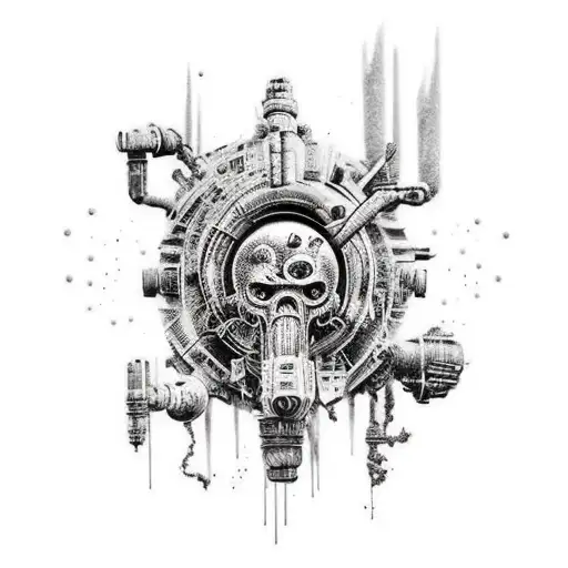 A sci-fi themed tattoo depicting a post-apocalyptic scene with elements from Mad Max, in the style of dotwork. tattoo design idea