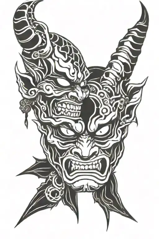 oni mask split in half tattoo design idea