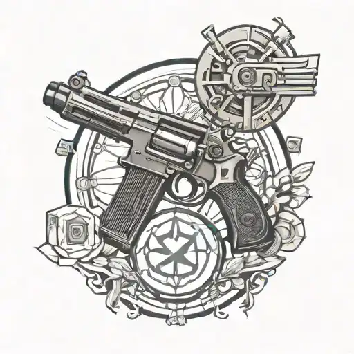 Pharmacy symbol with FAL gun and target surrounded tattoo design idea