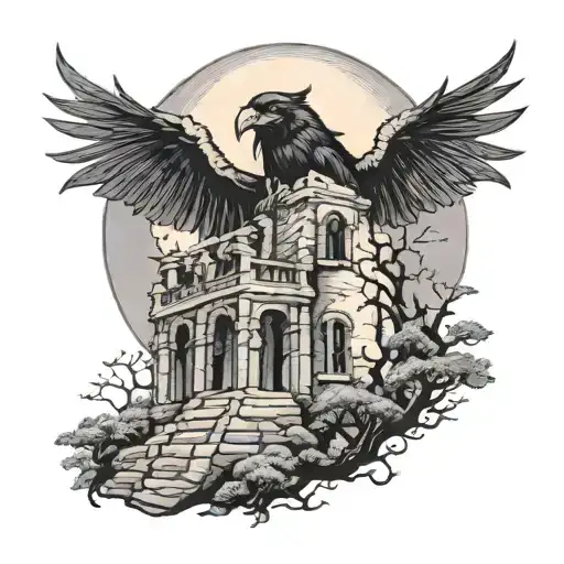 ruined castle crow's moon gargoyle's trees  tattoo design idea