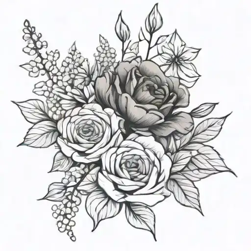 sketch May July birth flowers bouquet tied tattoo design idea