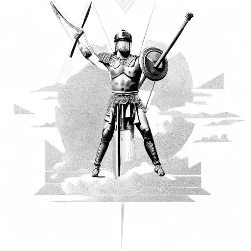 Roman Gladiator standing looking up to sky with sun rays beaming down with gods spear  tattoo design idea