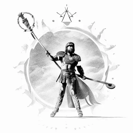 Roman Gladiator standing looking up to sky with sun rays beaming down with gods spear  tattoo design idea