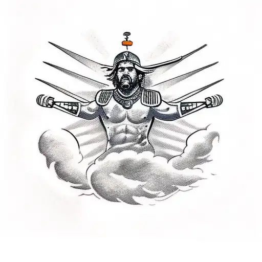 Roman Gladiator looking up to sky with sun rays beaming down with gods spear  tattoo design idea