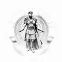 Roman Gladiator standing looking up to sky with sun rays beaming down with gods spear  tattoo design idea