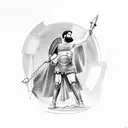 Roman Gladiator standing looking up to sky with sun rays beaming down with gods spear  tattoo design idea