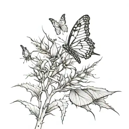 thick thorns and small butterfly's flying through it  tattoo design idea