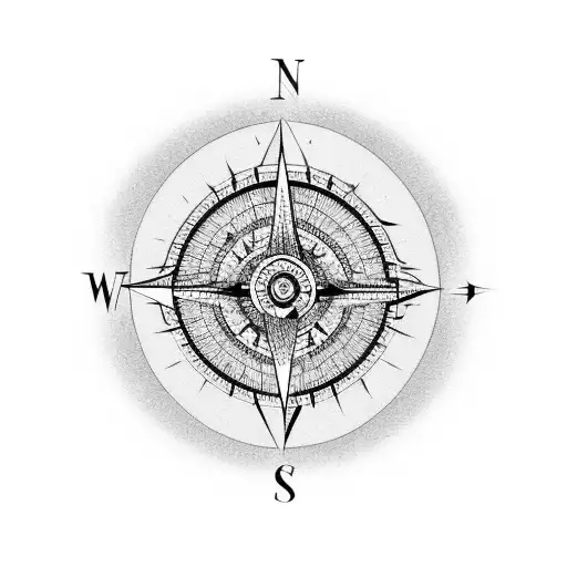 a long compass with beaches mountain and road leading to singularity tattoo design idea
