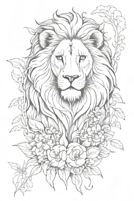 Lion surrounded by a variety of colorful flowers in a jungle setting tattoo design idea