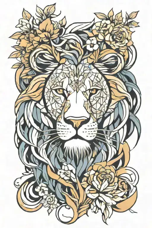 Abstract geometric design incorporating a lion's head with floral elements tattoo design idea