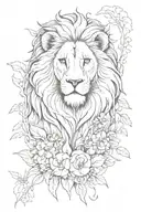Lion surrounded by a variety of colorful flowers in a jungle setting tattoo design idea