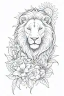 Lion surrounded by a variety of colorful flowers in a jungle setting tattoo design idea