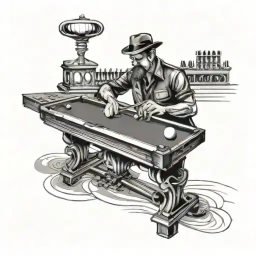 A black and grey portrait of a keyboard musician playing billiards tattoo design idea