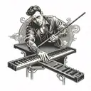 A black and grey portrait of a keyboard musician playing billiards tattoo design idea
