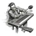 A black and grey portrait of a keyboard musician playing billiards tattoo design idea