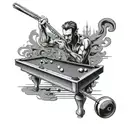 A black and grey portrait of a keyboard musician playing billiards tattoo design idea