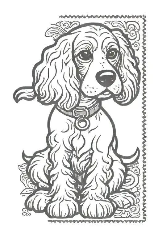 kawaii cartoon crayon style postage stamp tattoo of black and white cocker spaniel tattoo design idea