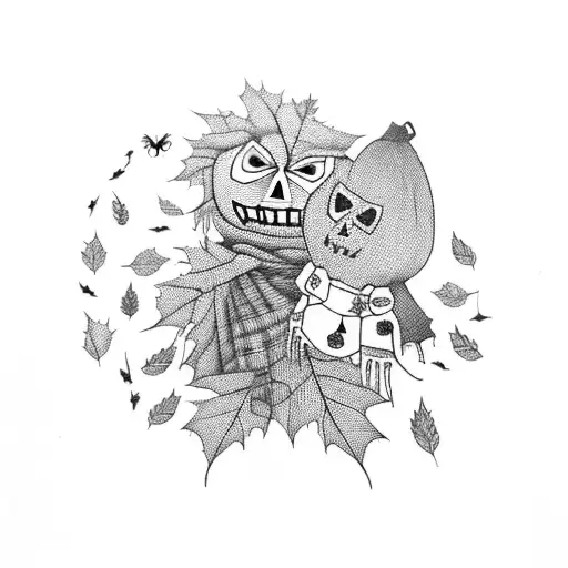 A spooky scarecrow surrounded by falling autumn leaves tattoo design idea