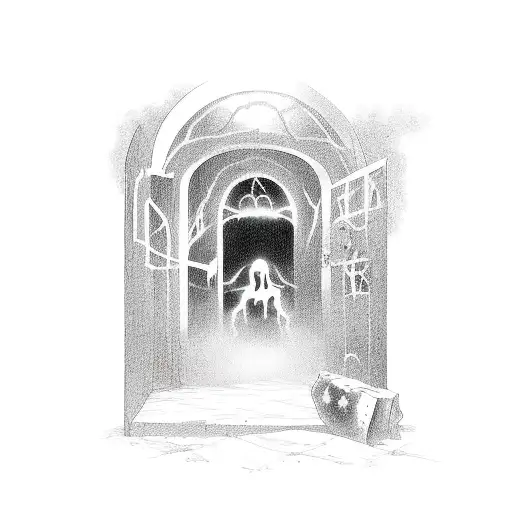 A haunted house with a ghostly figure emerging from the front door tattoo design idea