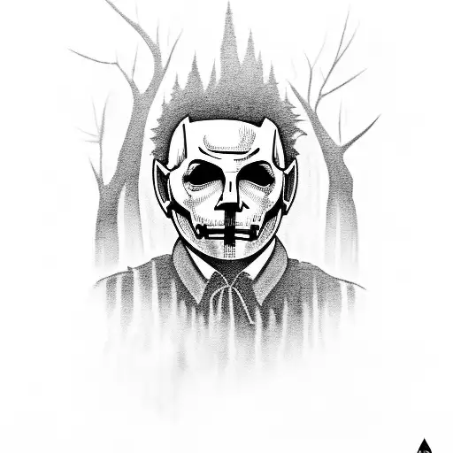 A silhouette of Michael Myers in a dark forest during Halloween night tattoo design idea