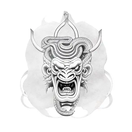 oni mask with snake and sword behind it tattoo design idea